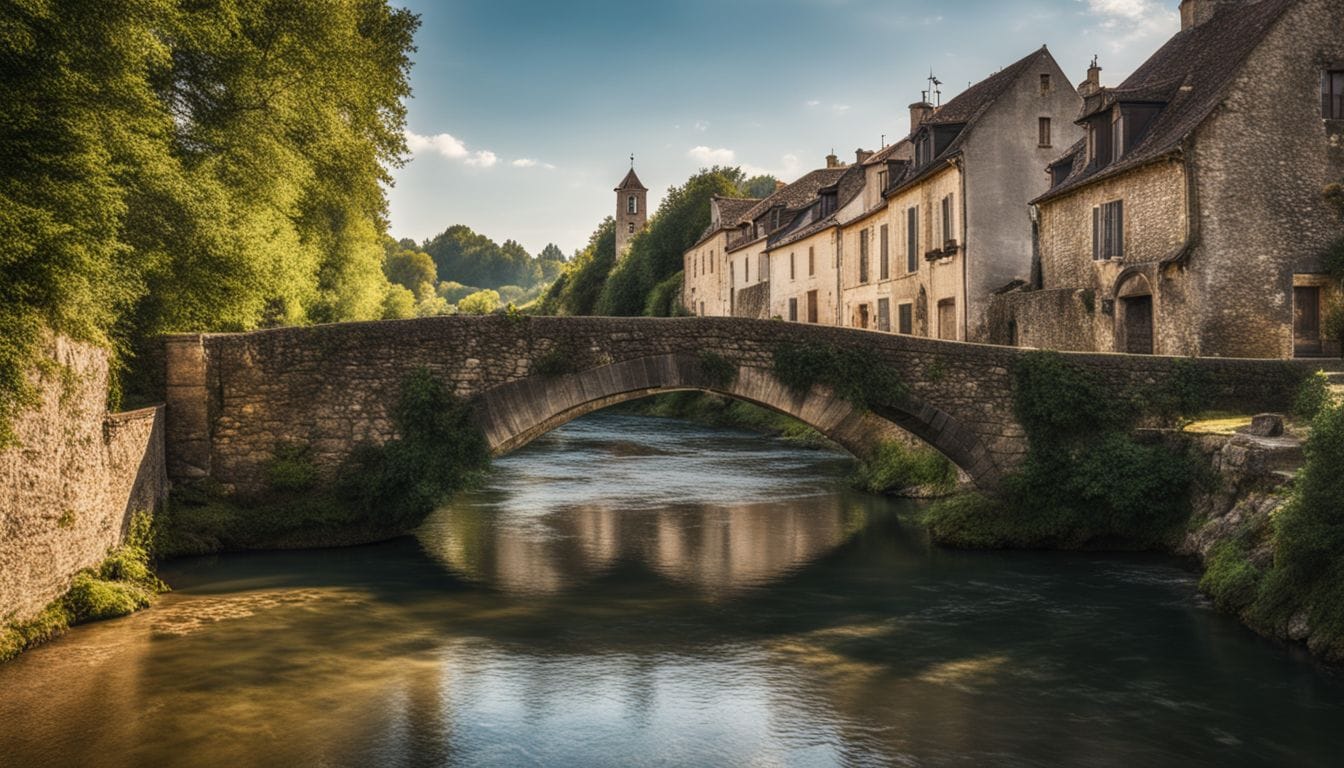 A Scenic Stone Bridge Over A Calm River In A French Village. A scenic stone bridge over a calm river in a French village.
