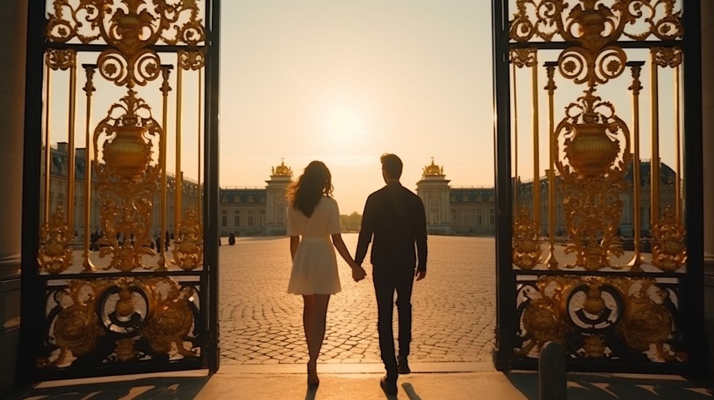 Experience A Vip Day Trip To Versailles From Paris 15 A couple walks towards the majestic gates of Versailles.