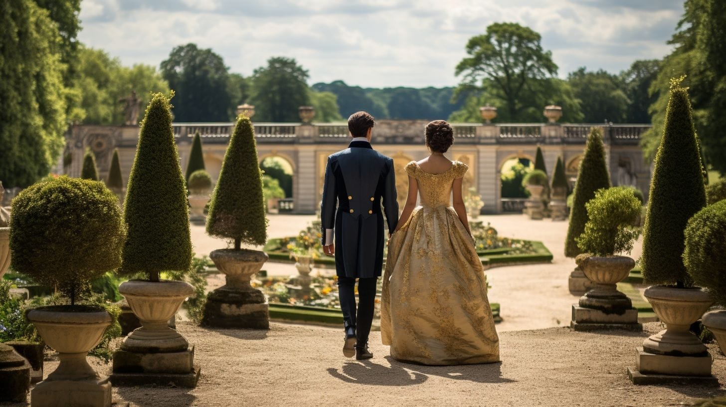 Experience A Vip Day Trip To Versailles From Paris 14 A royal couple in elegant attire stands in the opulent gardens of Versailles.