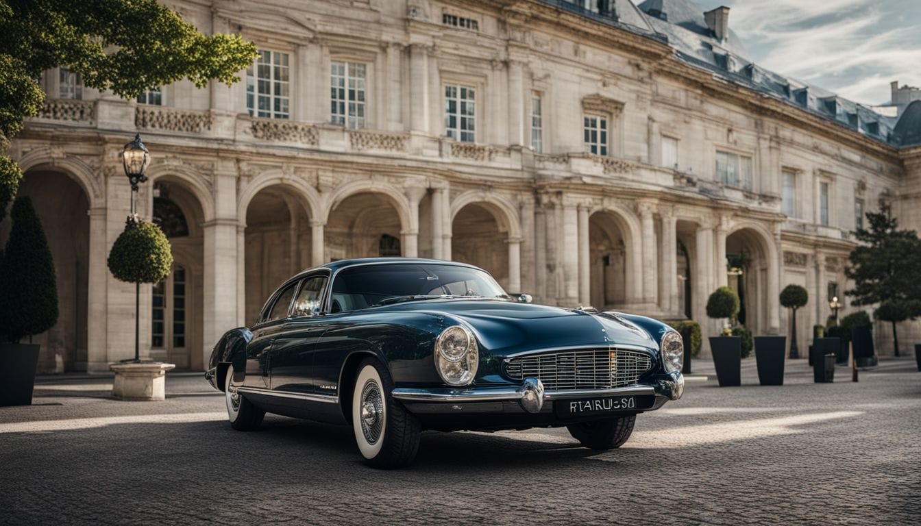 A Luxurious Private Car Parked In Front Of The Grand Fontainebleau Estate. A luxurious private car parked in front of the grand Fontainebleau estate.