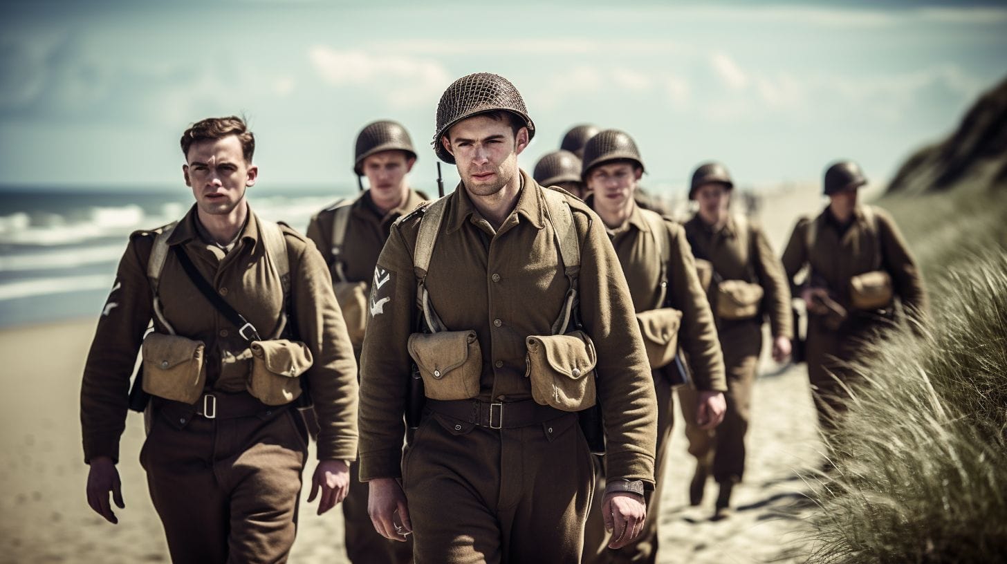 Soldiers In Period Uniforms Walk Along Historic Utah Beach With Bunkers. Soldiers in period uniforms walk along historic Utah Beach with bunkers.