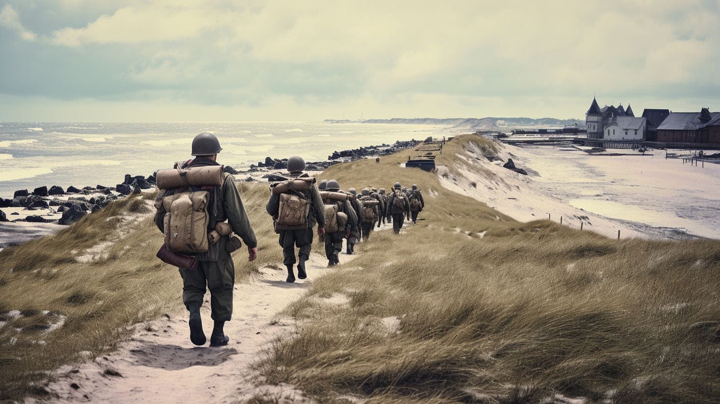 Discover The Fascinating History Of Utah Beach On A Guided Tour 1 Soldiers in period uniforms walk along historic Utah Beach with bunkers.
