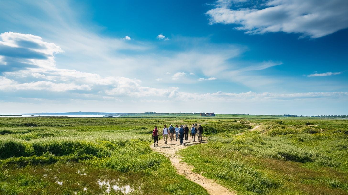 A Group Of Tourists Walking Along Utah Beach With A Knowledgeable Guide. A group of tourists walking along Utah Beach with a knowledgeable guide.
