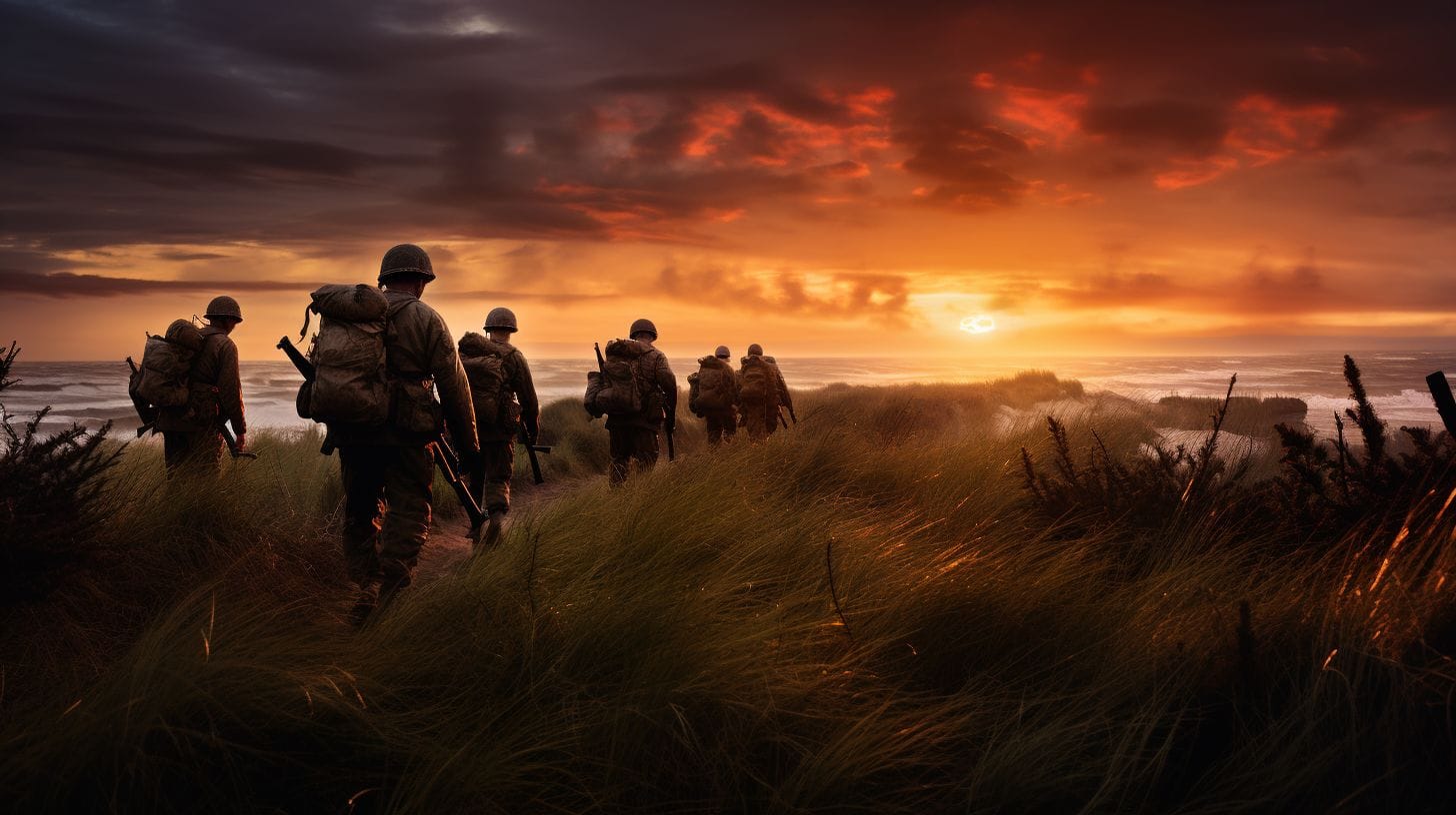 American Soldiers Patrol Utah Beach At Sunset In Wide-Angle Landscape Photograph. American soldiers patrol Utah Beach at sunset in wide-angle landscape photograph.