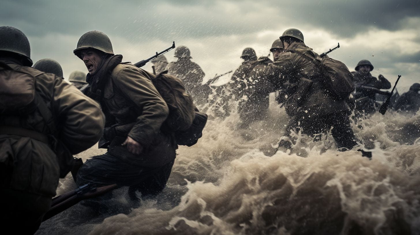 Soldiers Storm Utah Beach With Powerful Waves Crashing In The Background. Soldiers storm Utah Beach with powerful waves crashing in the background.