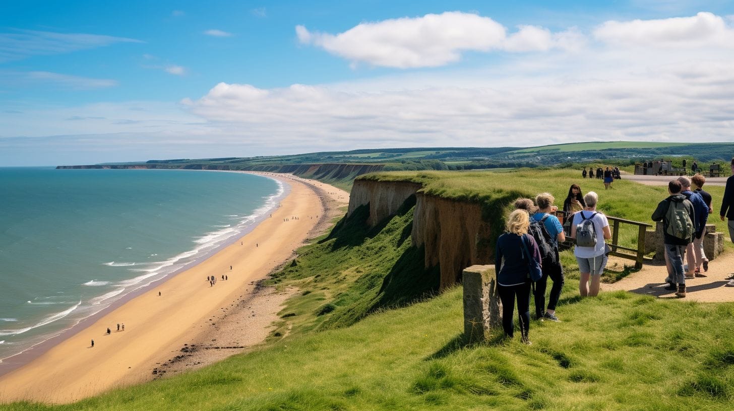 A Group Of Tourists At The Edge Of Omaha Beach. A group of tourists at the edge of Omaha Beach.