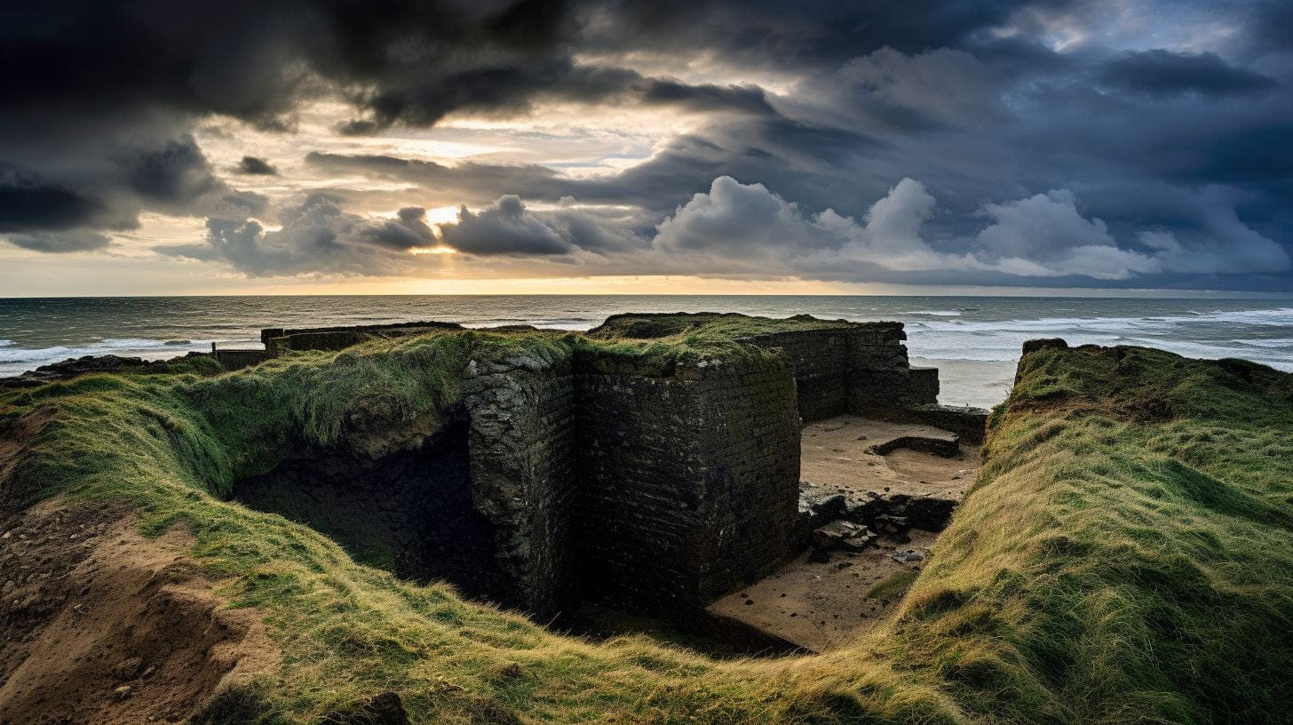 The Image Shows The Haunting Remnants Of German Fortifications At Omaha Beach. The image shows the haunting remnants of German fortifications at Omaha Beach.