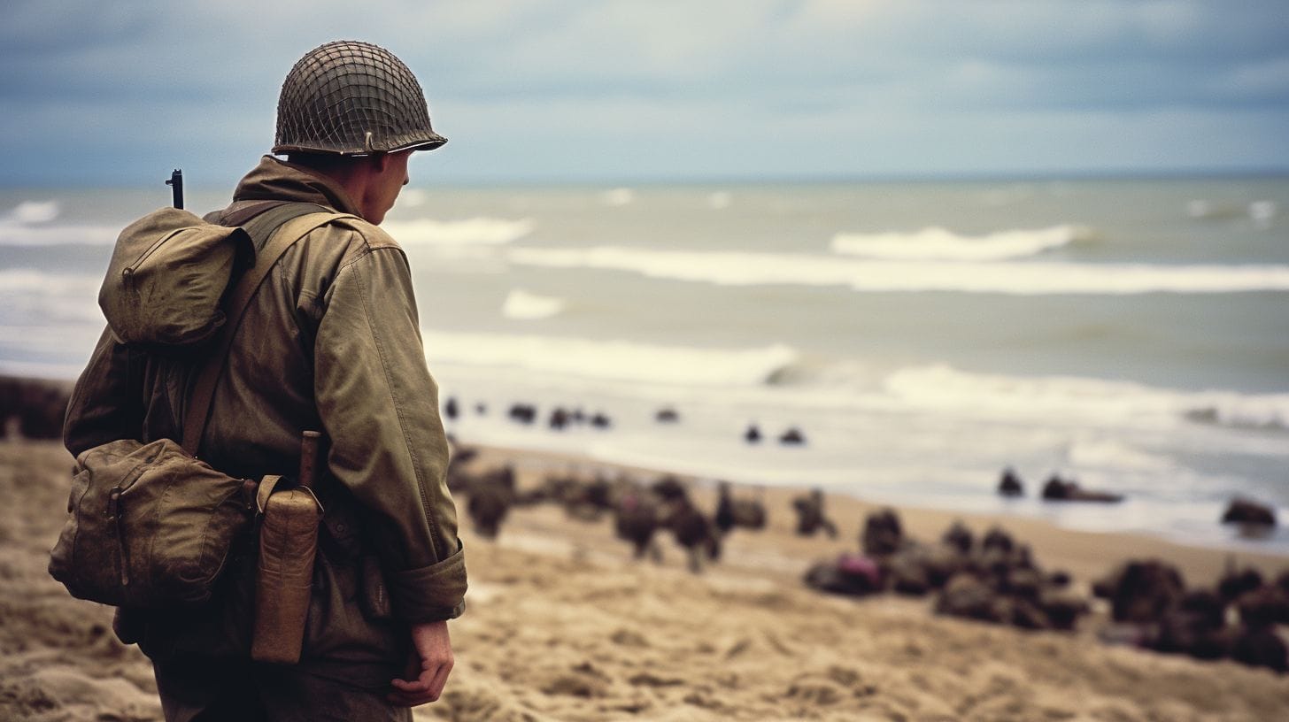 A Soldier Pays Tribute At Omaha Beach, Surrounded By Historic Battleground. A soldier pays tribute at Omaha Beach, surrounded by historic battleground.