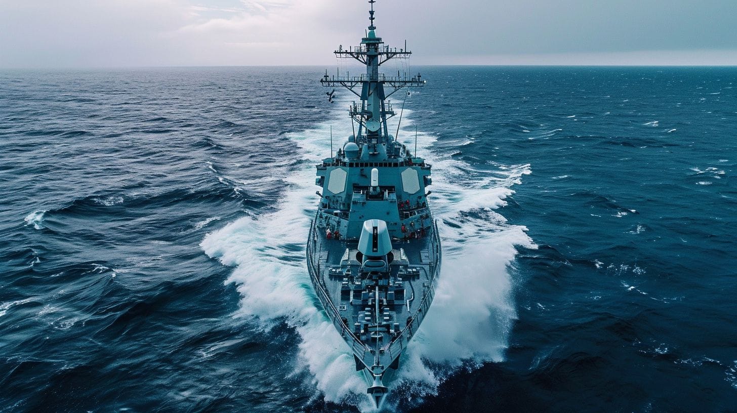 A Canadian Warship Sails Through Choppy Waters In Aerial Drone Photography. A Canadian warship sails through choppy waters in aerial drone photography.
