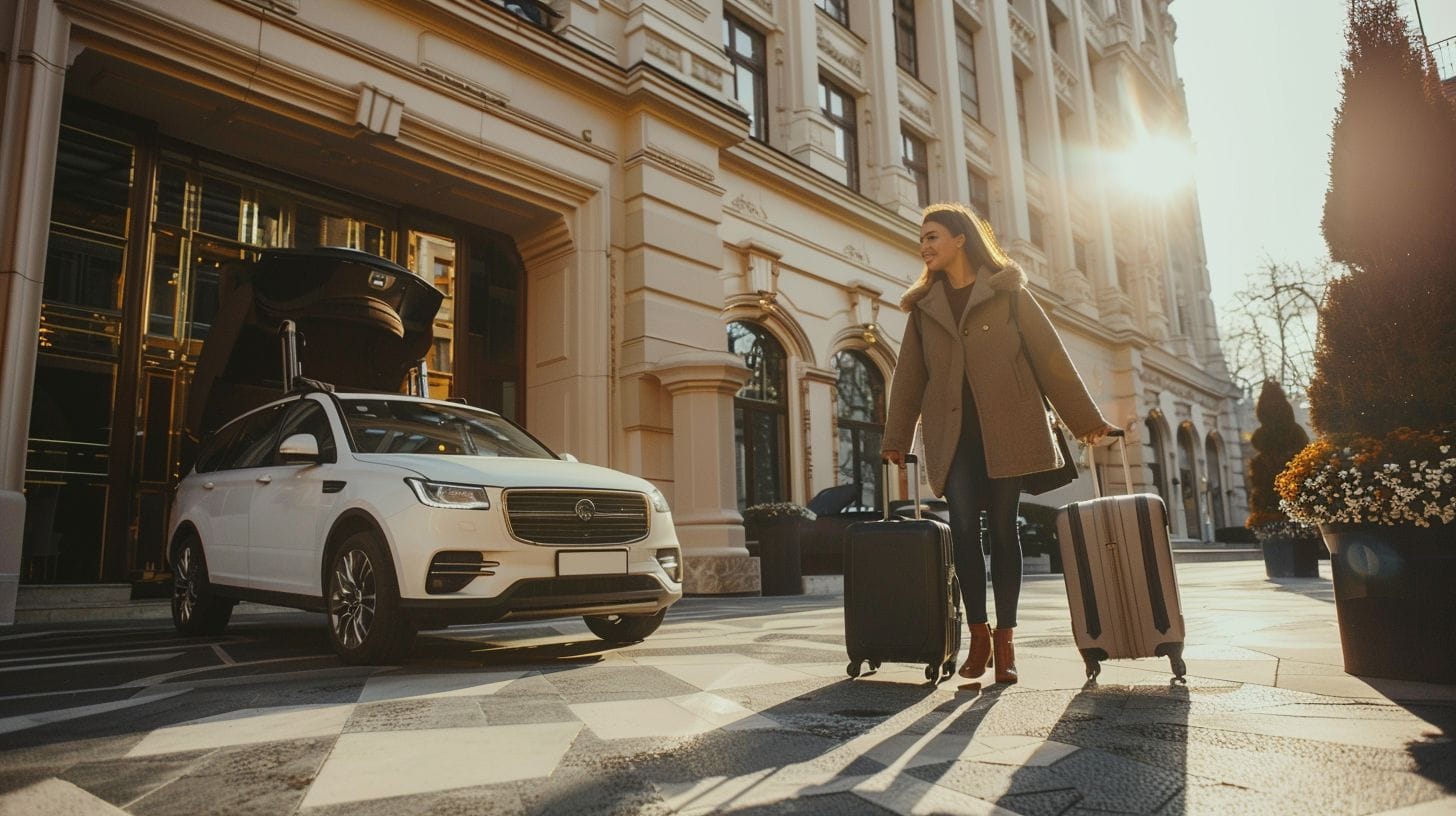 A Chauffeur Helping A Traveler To Nice With Luggage Outside A Luxury Hotel. A chauffeur helping a traveler to Nice with luggage outside a luxury hotel.