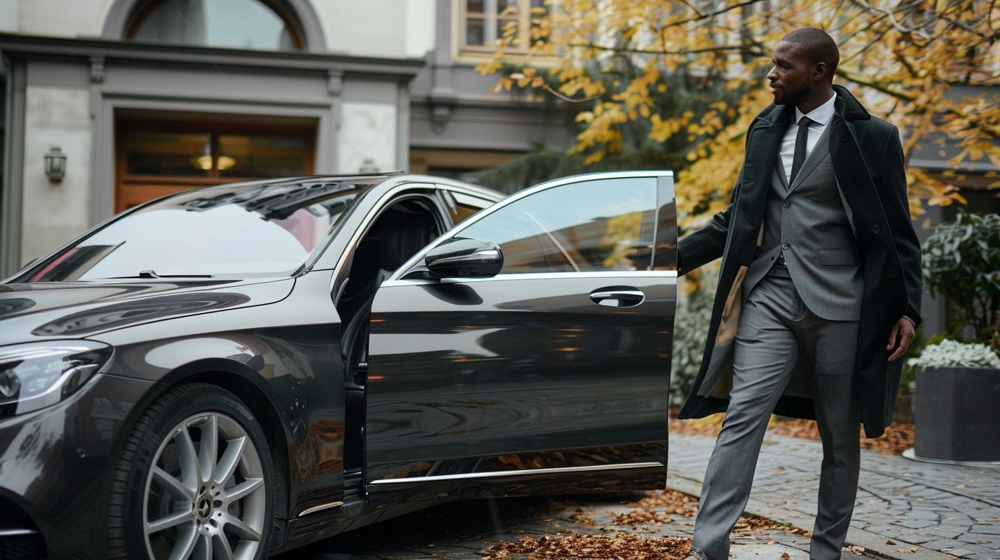 A Chauffeur Opening The Door Of A Sleek Mercedes Business Edition Car. A chauffeur opening the door of a sleek Mercedes Business Edition car.