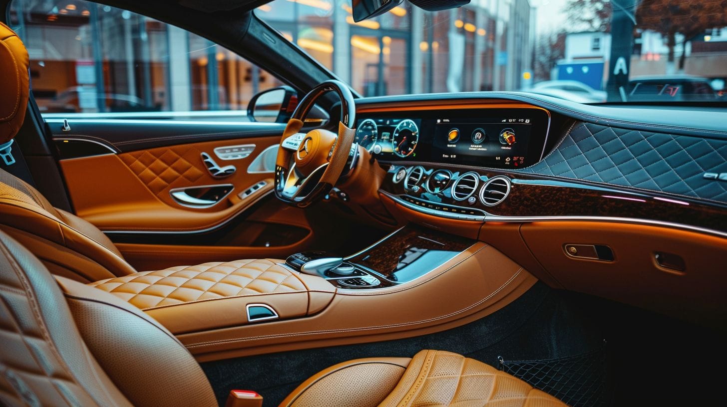 The Image Depicts The Opulent Interior Of A Luxury Car With Plush Leather Seats And High-End Features. The image depicts the opulent interior of a luxury car with plush leather seats and high-end features.