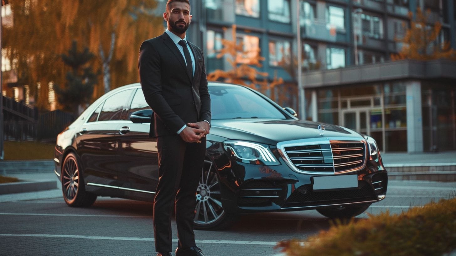 A Chauffeur Stands Confidently Next To A Black Mercedes In A Cinematic-Style Image. A chauffeur stands confidently next to a black Mercedes in a cinematic-style image.