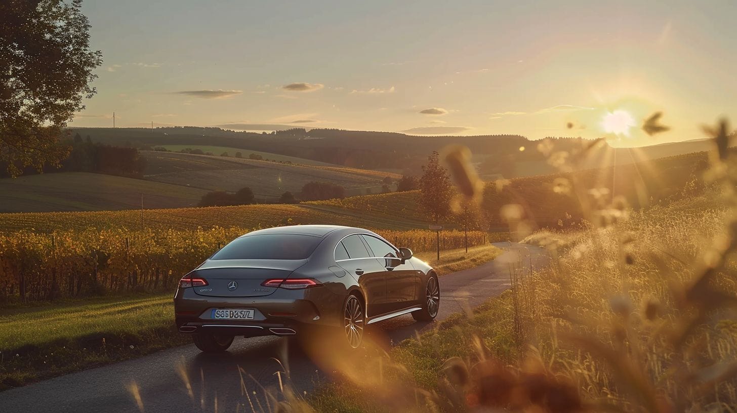 A Luxurious Mercedes Driving Through Champagne Countryside Captured With High-Quality Camera. A luxurious Mercedes driving through Champagne countryside captured with high-quality camera.