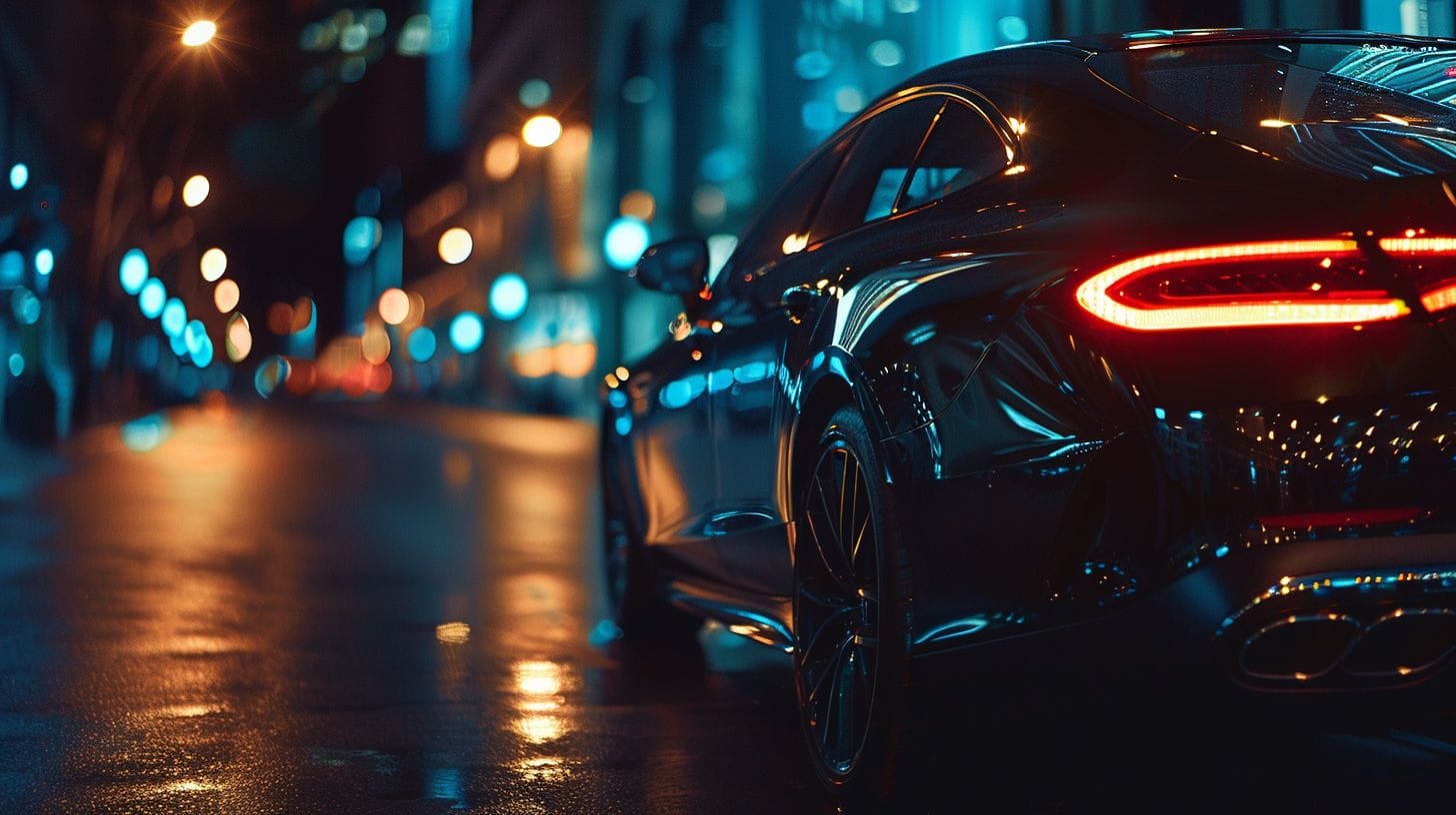 A Skilled Driver Navigating A Luxury Car Through A City At Night. A skilled driver navigating a luxury car through a city at night.