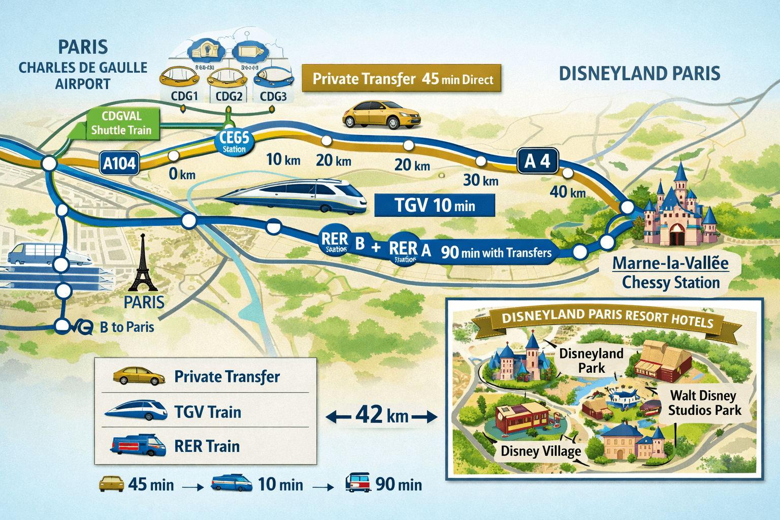 Cdg Airport To Disneyland Paris: The Complete Transportation Guide For Families In 2026 22 Comprehensive landscape route map visualization (1536x1024) showing complete journey from Paris Charles de Gaulle Airport terminals (CDG1, C