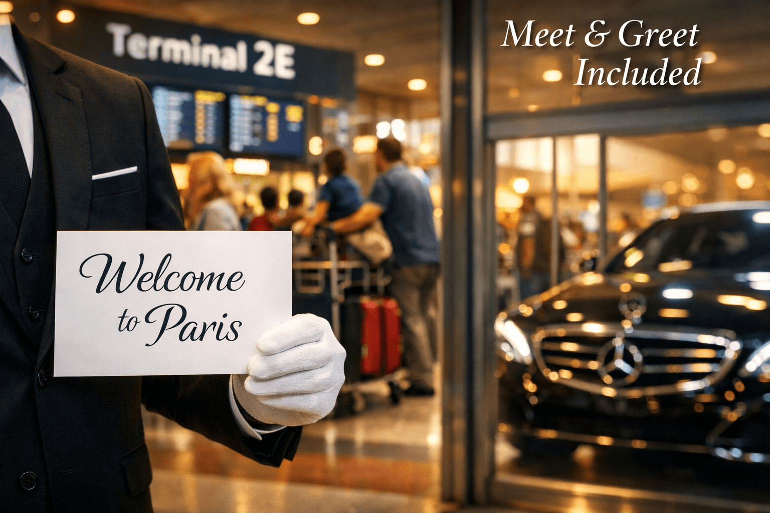 Cdg Airport To Disneyland Paris: The Complete Transportation Guide For Families In 2026 9 Atmospheric landscape photograph (1536x1024) showing professional chauffeur in dark suit holding personalized name sign 'Welcome to Paris' i