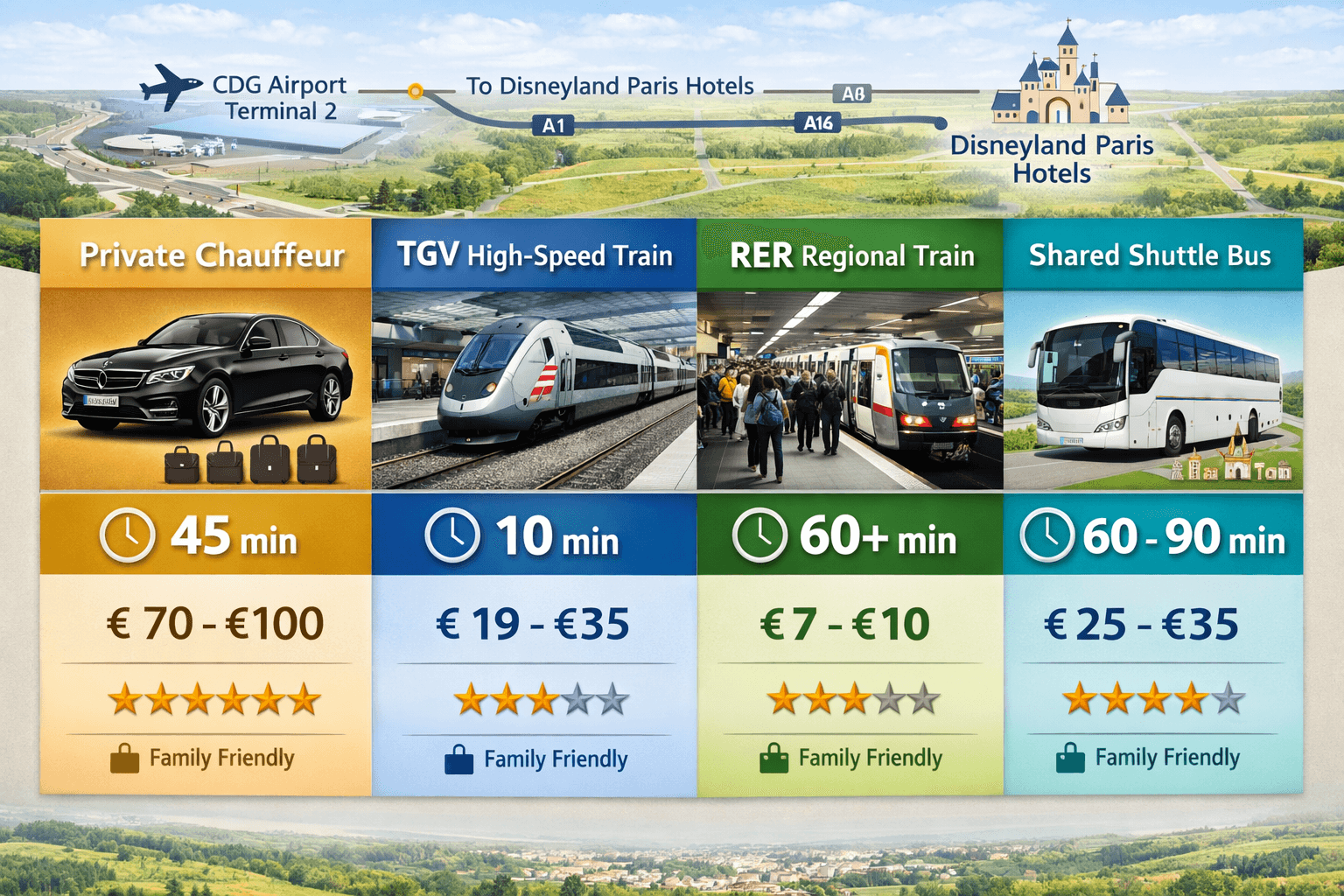 Cdg Airport To Disneyland Paris: The Complete Transportation Guide For Families In 2026 8 Detailed landscape infographic (1536x1024) comparing four transportation methods from CDG Airport to Disneyland Paris: private chauffeur ser