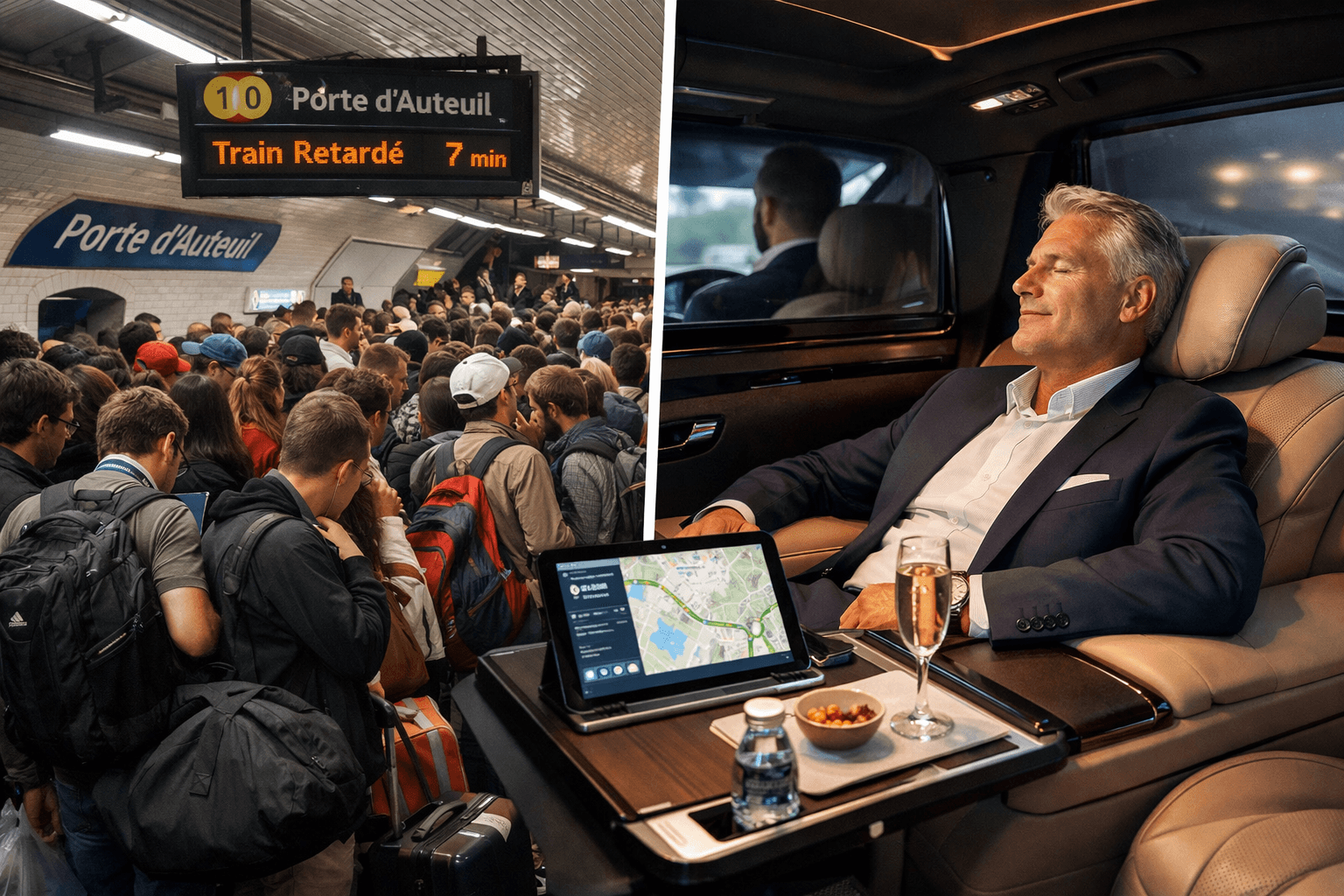 Roland Garros Chauffeur Service: Executive Transportation For The French Open 2026 16 Landscape format (1536x1024) comparison visualization split into two contrasting scenes: left half shows crowded Paris Metro Line 10 platfor