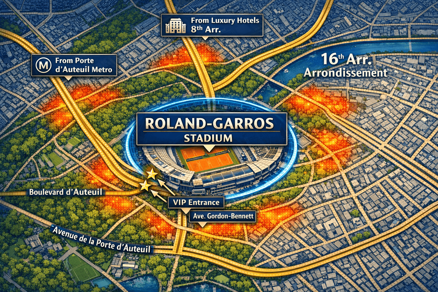 Roland Garros Chauffeur Service: Executive Transportation For The French Open 2026 2 Landscape format (1536x1024) detailed illustration showing aerial view map of Paris 16th arrondissement with Roland Garros stadium prominent