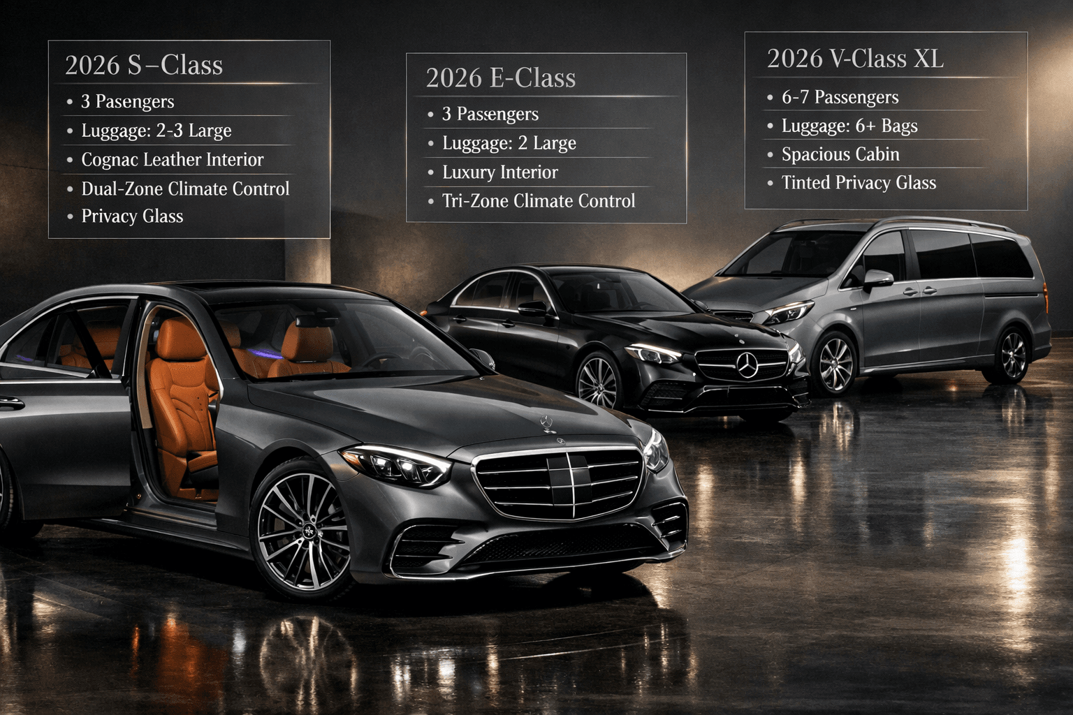 Roland Garros Chauffeur Service: Executive Transportation For The French Open 2026 3 Landscape format (1536x1024) sophisticated product showcase featuring three Mercedes vehicles in showroom lighting: 2026 S-Class in meteor g