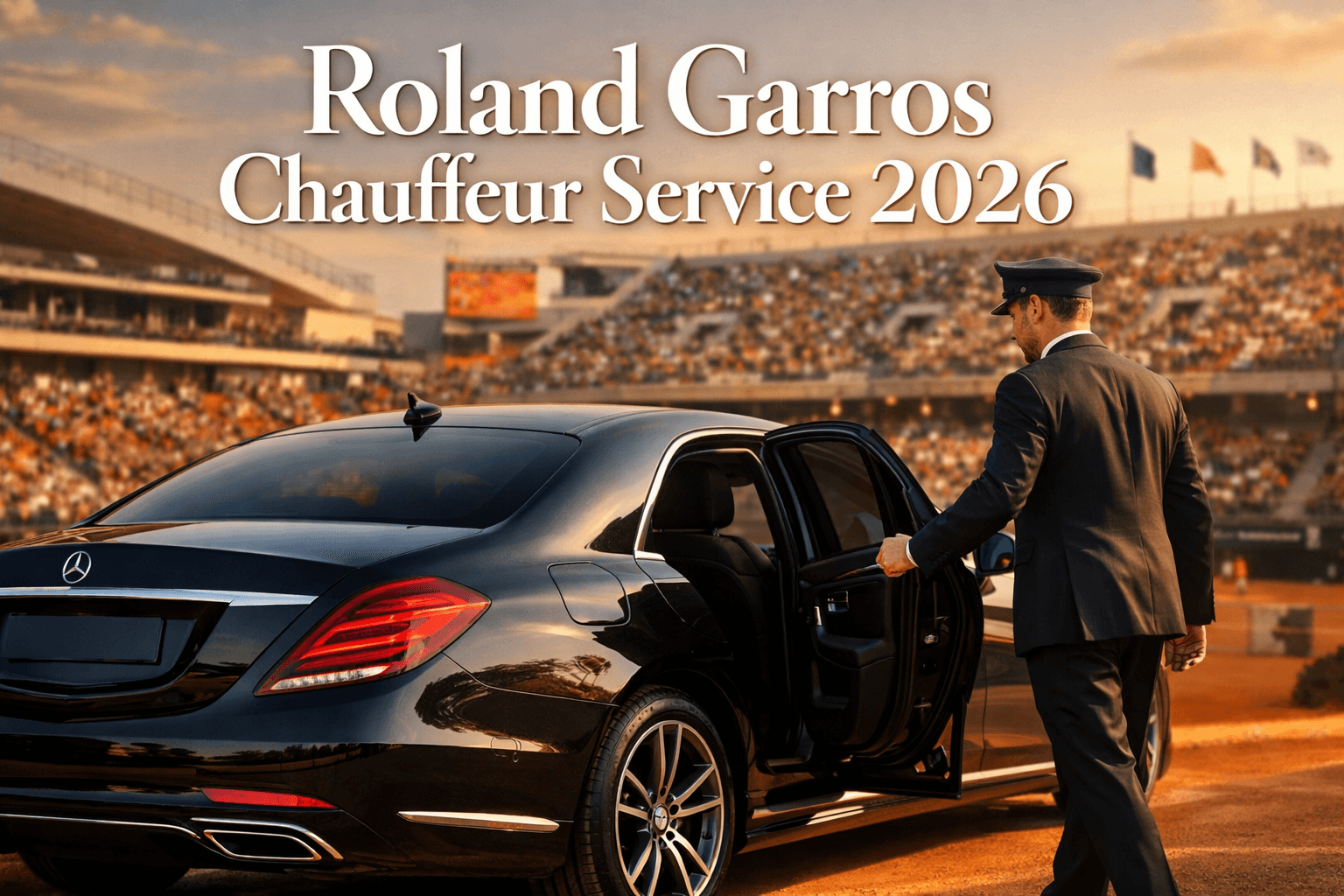 Roland Garros Chauffeur Service: Executive Transportation For The French Open 2026 1 Professional landscape format (1536x1024) editorial hero image featuring bold text overlay 'Roland Garros Chauffeur Service 2026' in extra l