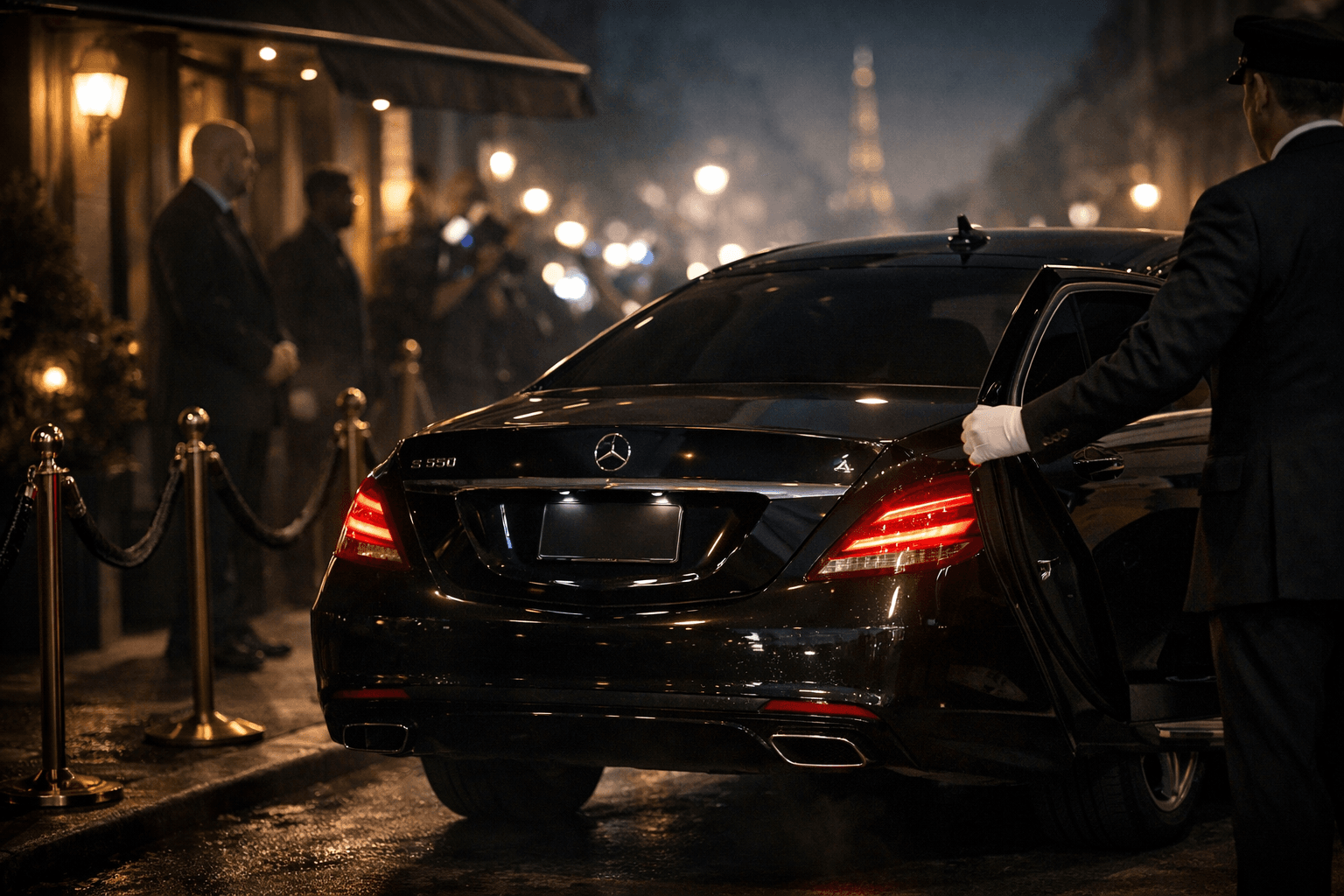 Paris Fashion Week 2026 Chauffeur Service: Vip Transfers Between Shows And Exclusive Events 16 () atmospheric image capturing discreet VIP arrival scene: rear three-quarter view of black Mercedes with privacy glass