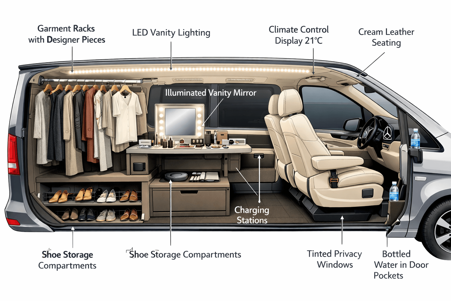 Paris Fashion Week 2026 Chauffeur Logistics: Managing Multi-Show Days Across Grand Palais, Palais De Tokyo, And Exclusive Marais Showrooms 15 () cutaway side-view illustration of Mercedes V-Class interior configured as mobile fashion workspace: professional garment