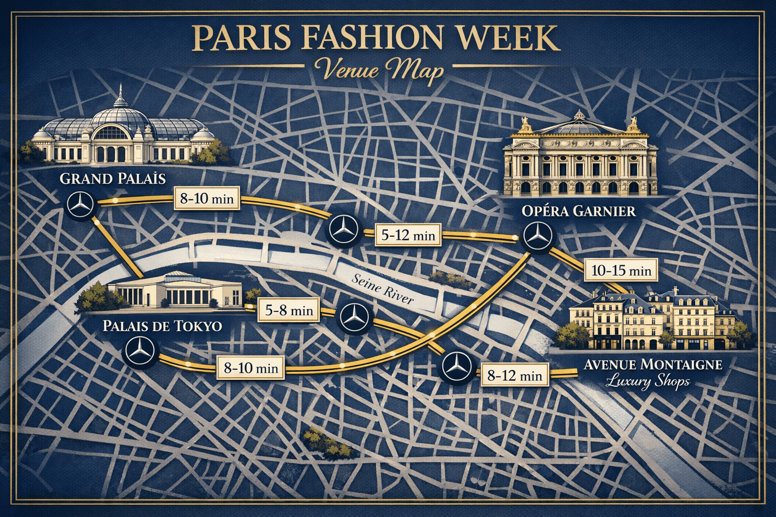 Paris Fashion Week 2026 Chauffeur Service: Vip Transfers Between Shows And Exclusive Events 3 () detailed infographic-style image displaying Paris Fashion Week venue map with key locations marked: Grand Palais, Palais