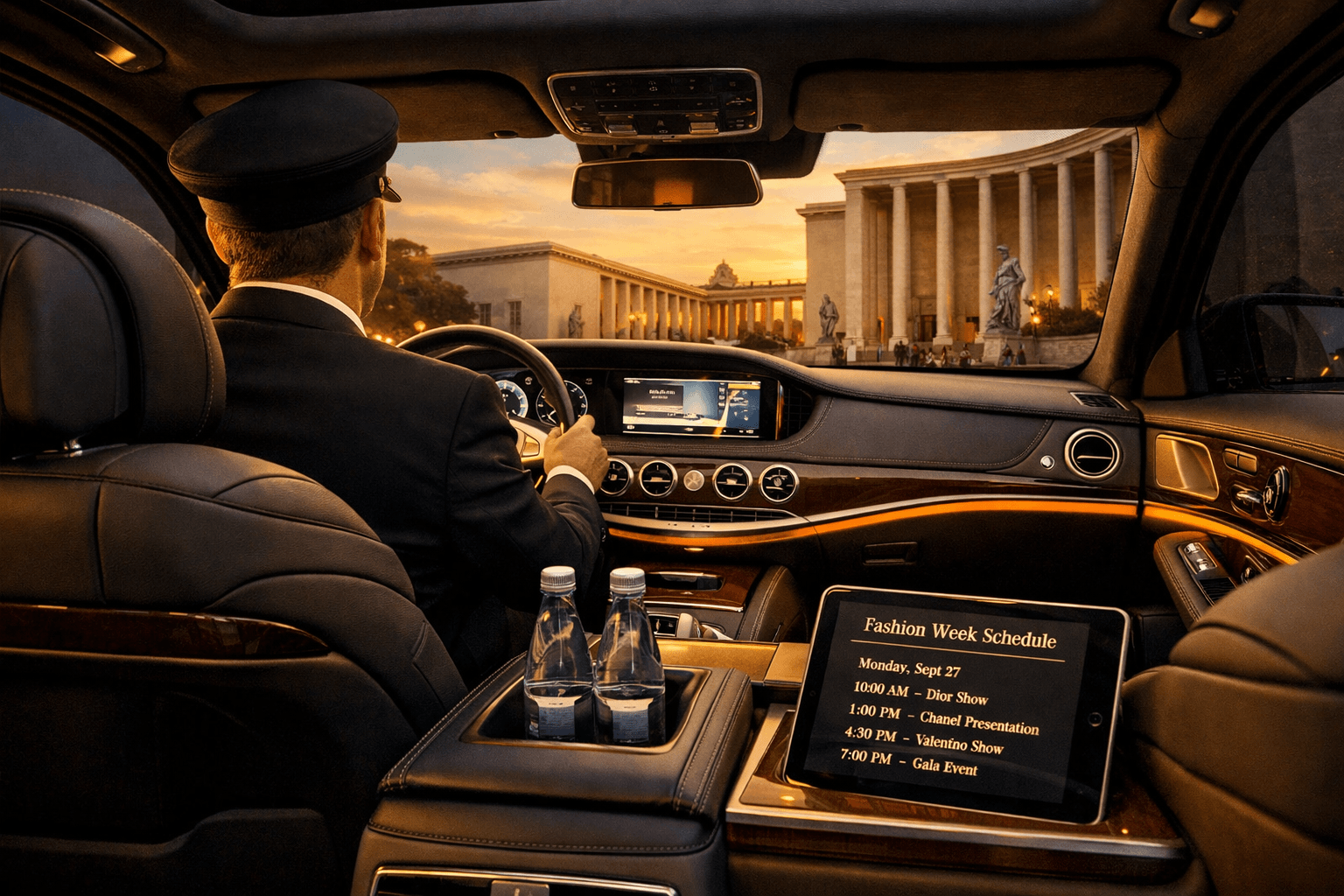 Paris Fashion Week 2026 Chauffeur Service: Vip Transfers Between Shows And Exclusive Events 2 () editorial image showing interior dashboard view from rear passenger seat of Mercedes S-Class Business Edition, looking