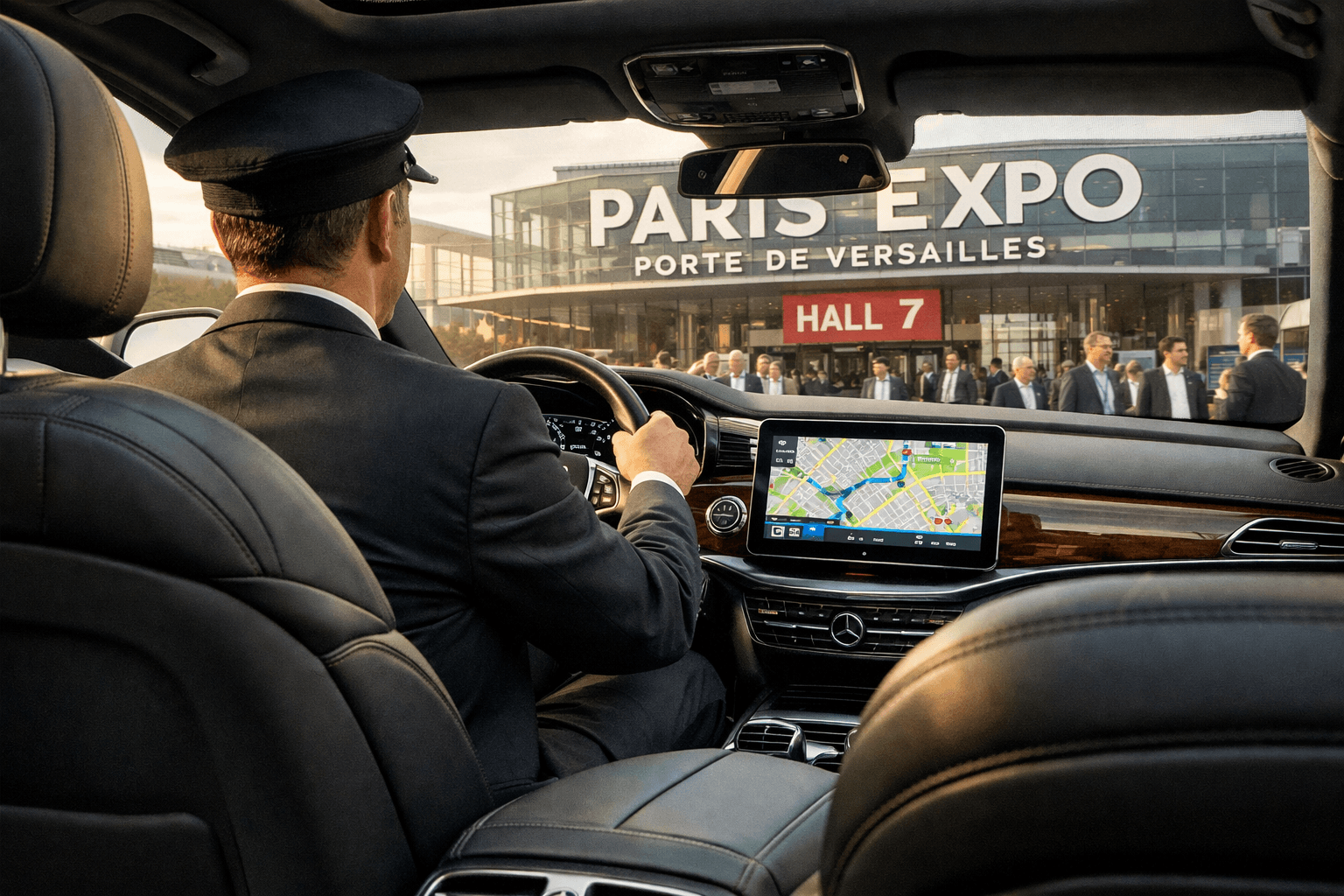 Pharmagoraplus 2026 Chauffeur Guide: Vip Transfers For Pharmacy Professionals At Paris Expo Porte De Versailles 2 () editorial image showing interior view from passenger seat of luxury Mercedes sedan, leather seats in foreground, view