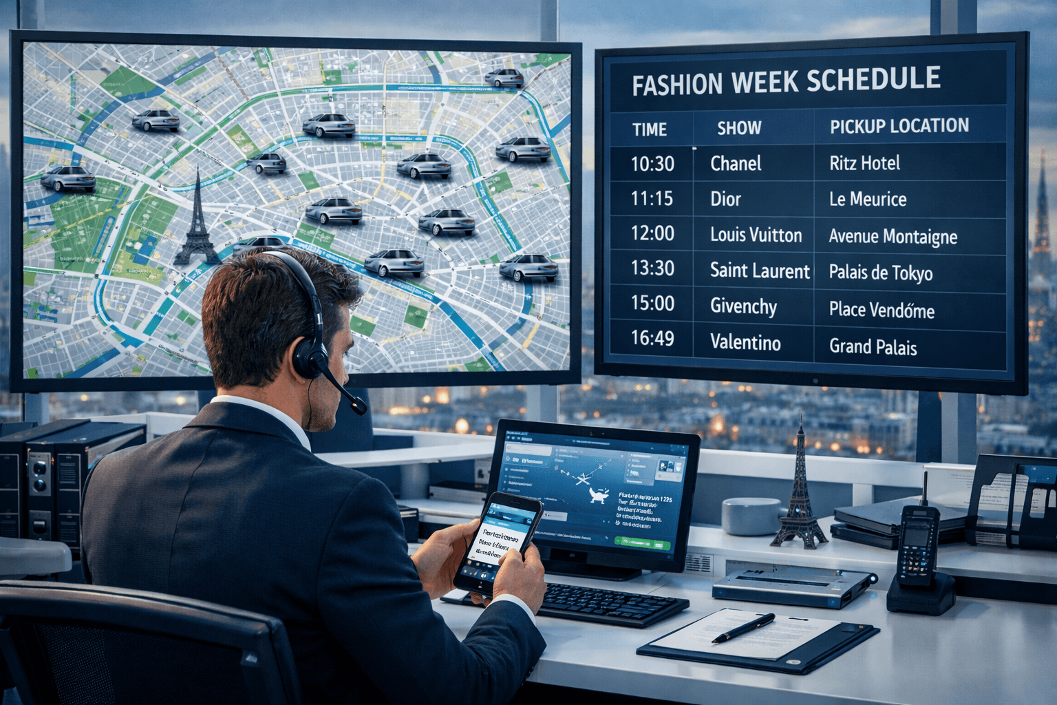 Paris Fashion Week 2026 Chauffeur Service: Vip Transfers Between Shows And Exclusive Events 17 () professional service coordination scene showing dedicated ground controller in elegant Paris office coordinating multiple