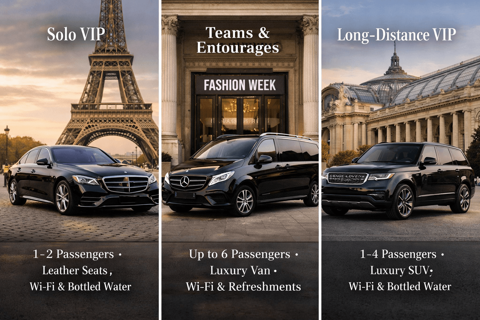 Paris Fashion Week 2026 Chauffeur Service: Vip Transfers Between Shows And Exclusive Events 15 () split-screen comparison showing three Mercedes vehicle options side by side: left panel displays S-Class sedan exterior