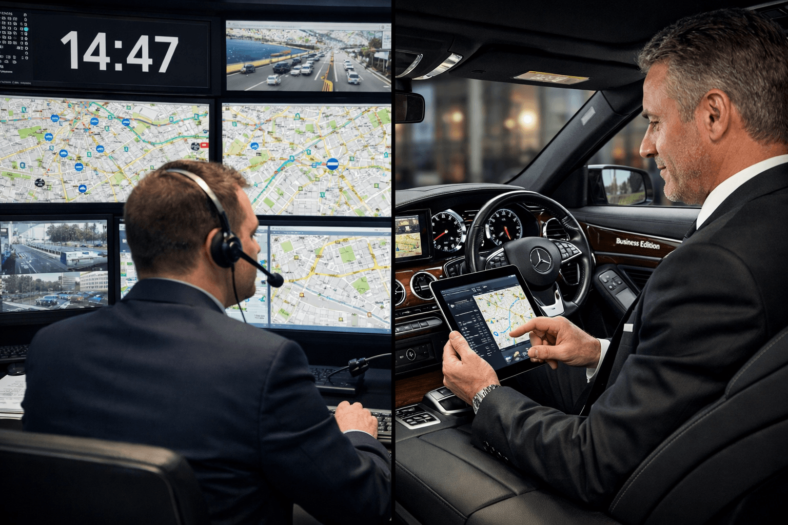 Paris Fashion Week 2026 Chauffeur Logistics: Managing Multi-Show Days Across Grand Palais, Palais De Tokyo, And Exclusive Marais Showrooms 3 () split-screen composition showing chauffeur coordination center: left side displays professional command center with