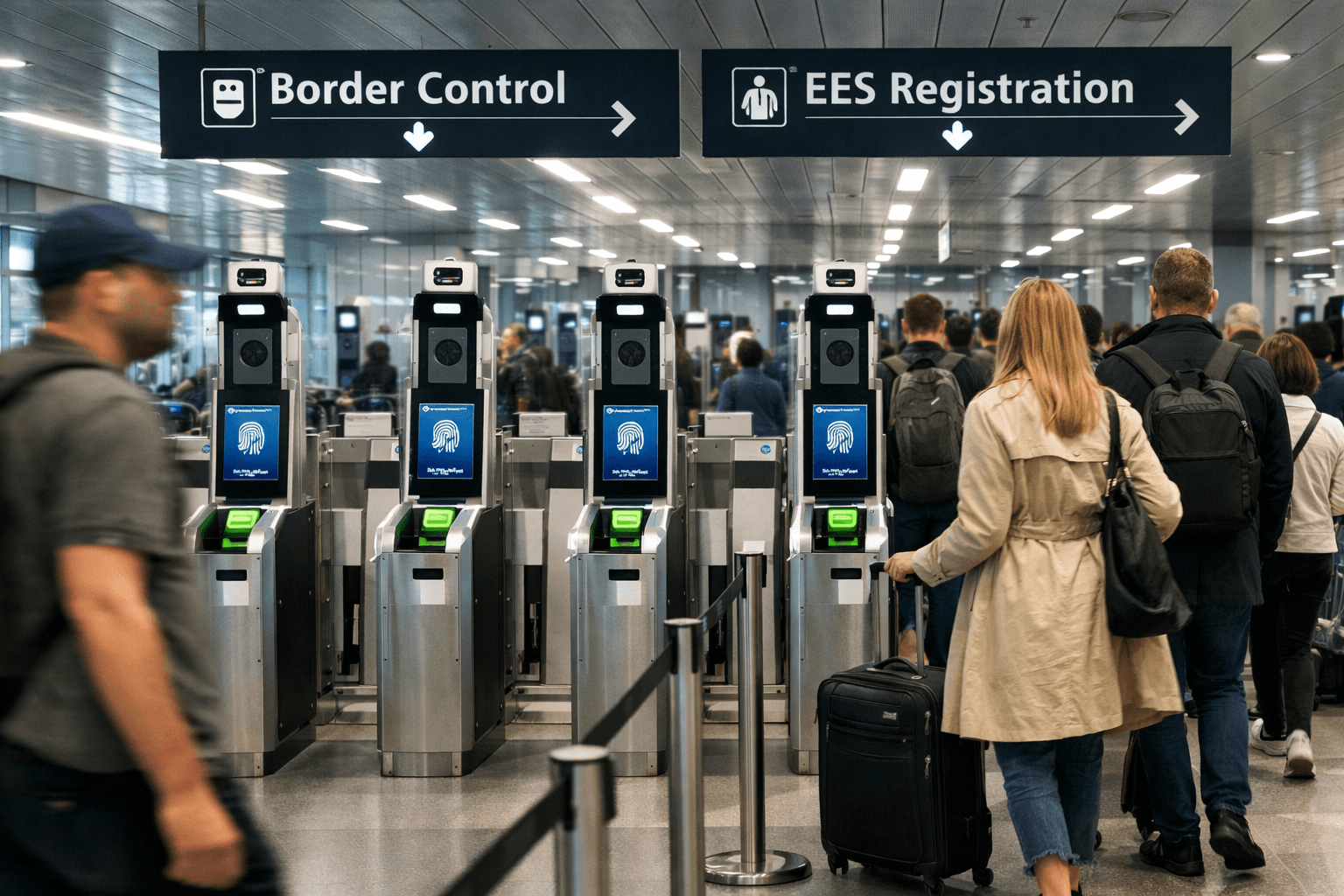 New Eu Entry/Exit System 2026: Protocols For Cdg Non-Schengen Arrivals And Fast-Track Meet &Amp; Greet 2 () editorial photograph of a modern airport immigration hall with automated biometric kiosks showing fingerprint scanner
