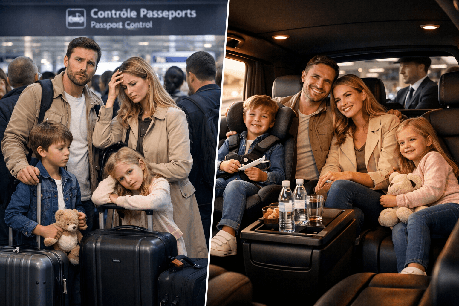 New Eu Entry/Exit System 2026: Protocols For Cdg Non-Schengen Arrivals And Fast-Track Meet &Amp; Greet 16 () elegant split-composition photograph: left side shows a family of four with children and heavy luggage looking stressed